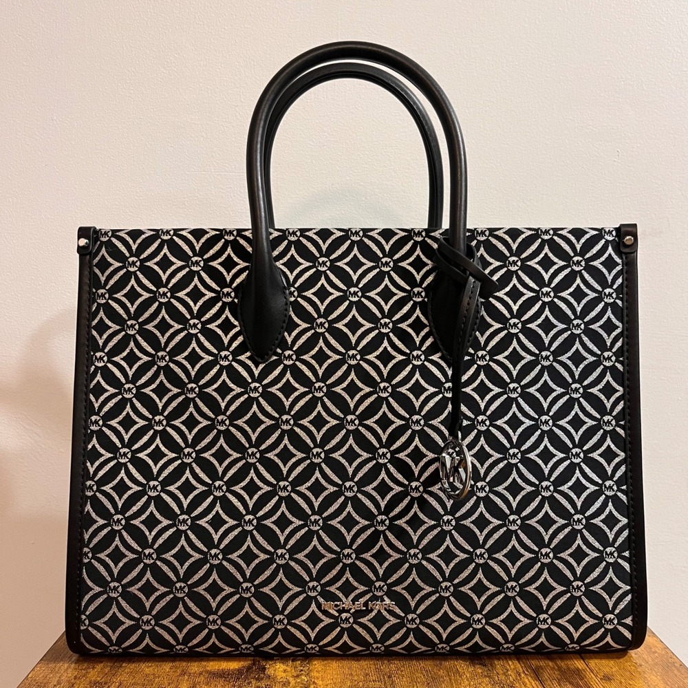 Michael Kors Mirella Tote Bag Black Silver Logo Print MD EW Satchel‎ Handbag